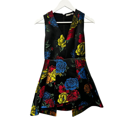 Alice + Olivia Tanner Asymmetric Pleated Black Floral Mini A-Line Dress Womens 2