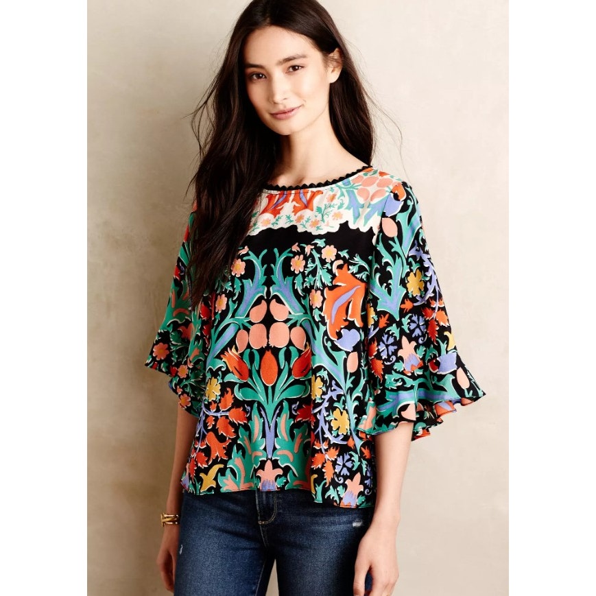 Maeve Black Multi Folkart Floral Print Short Sleeve Silk Kimono Top Womens 6