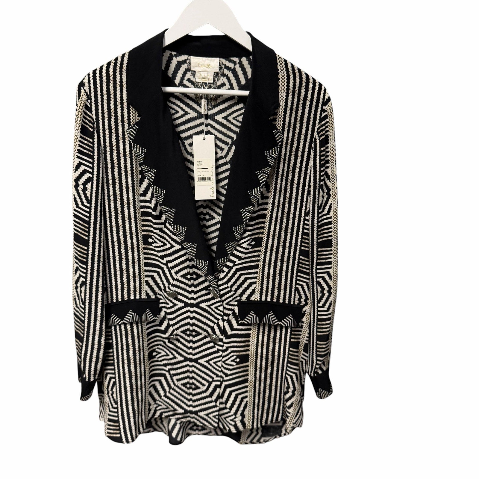 NWT Camilla Pure Silk Double Breasted Soft Jacket Black White Zebra Print Small