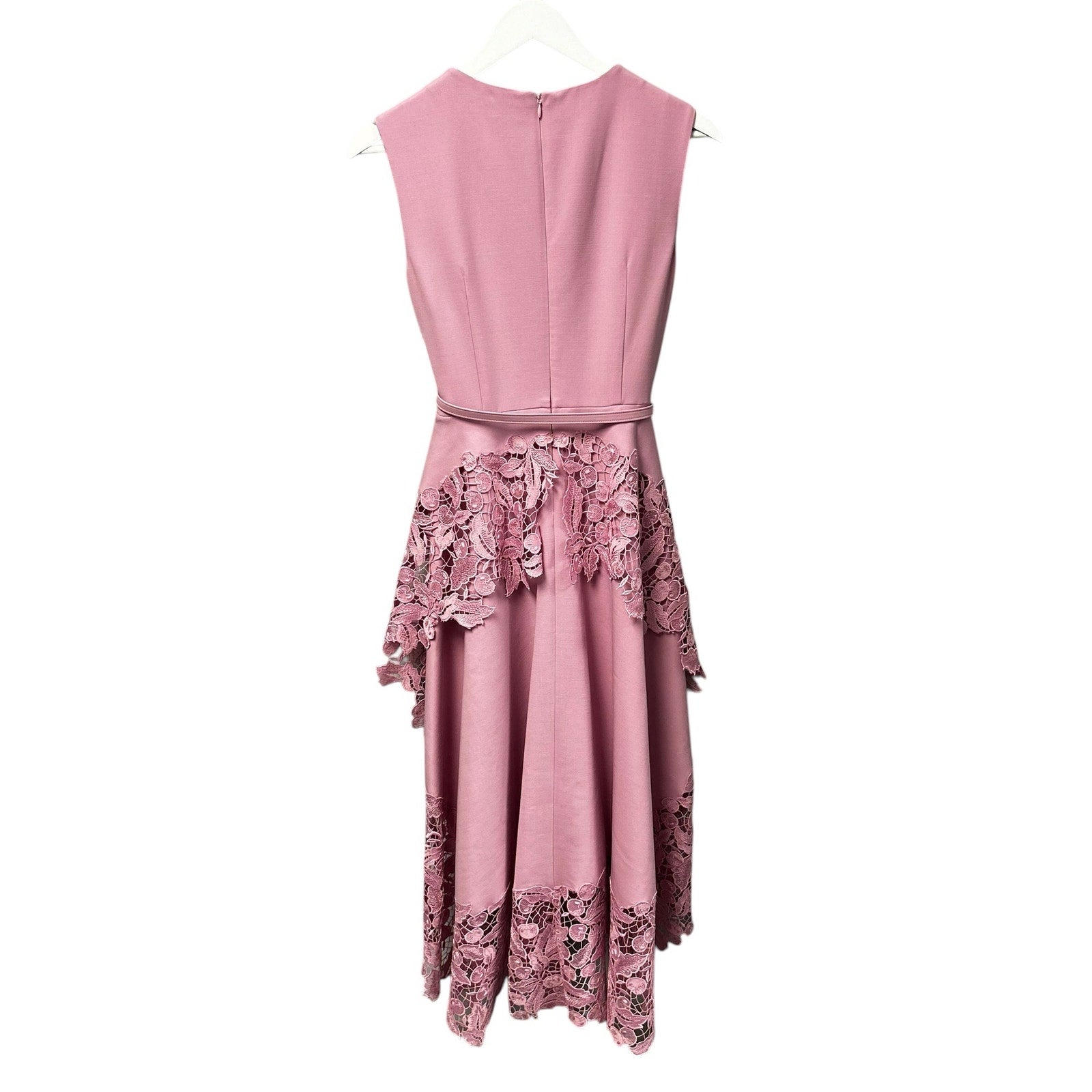 NWT Oscar de la Renta Lily Pink Cherry Guipure Lace Belted Midi Dress Womens 2