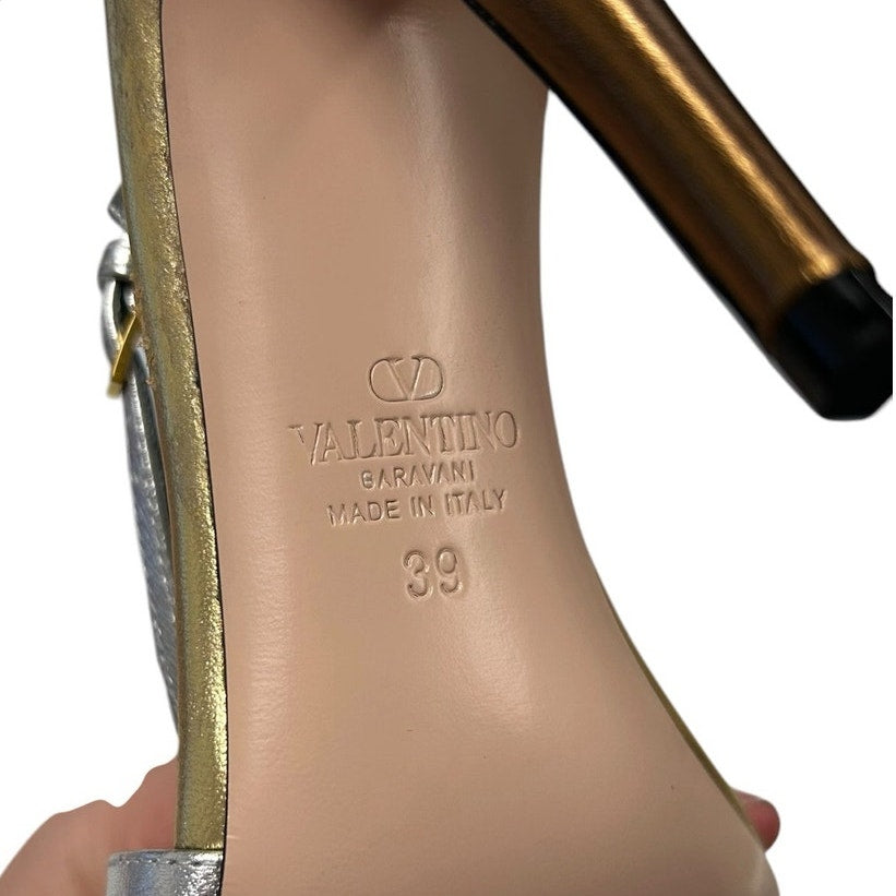 Valentino Garavani Gold Silver Black Nodine 100mm Sandals Womens 39 / US 9