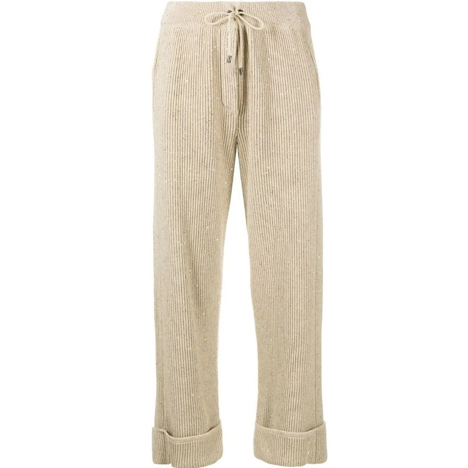 Brunello Cucinelli Dazzling Rib Knit Trousers in Neutral Beige Sequin Womens XS