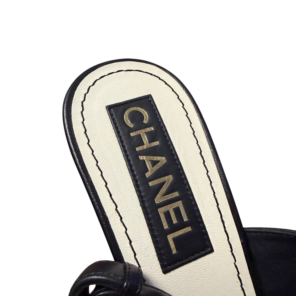 Chanel Black Leather Sandal Heel Gold CC Logo / Heel Caps Womens 39.5 / US 8.5