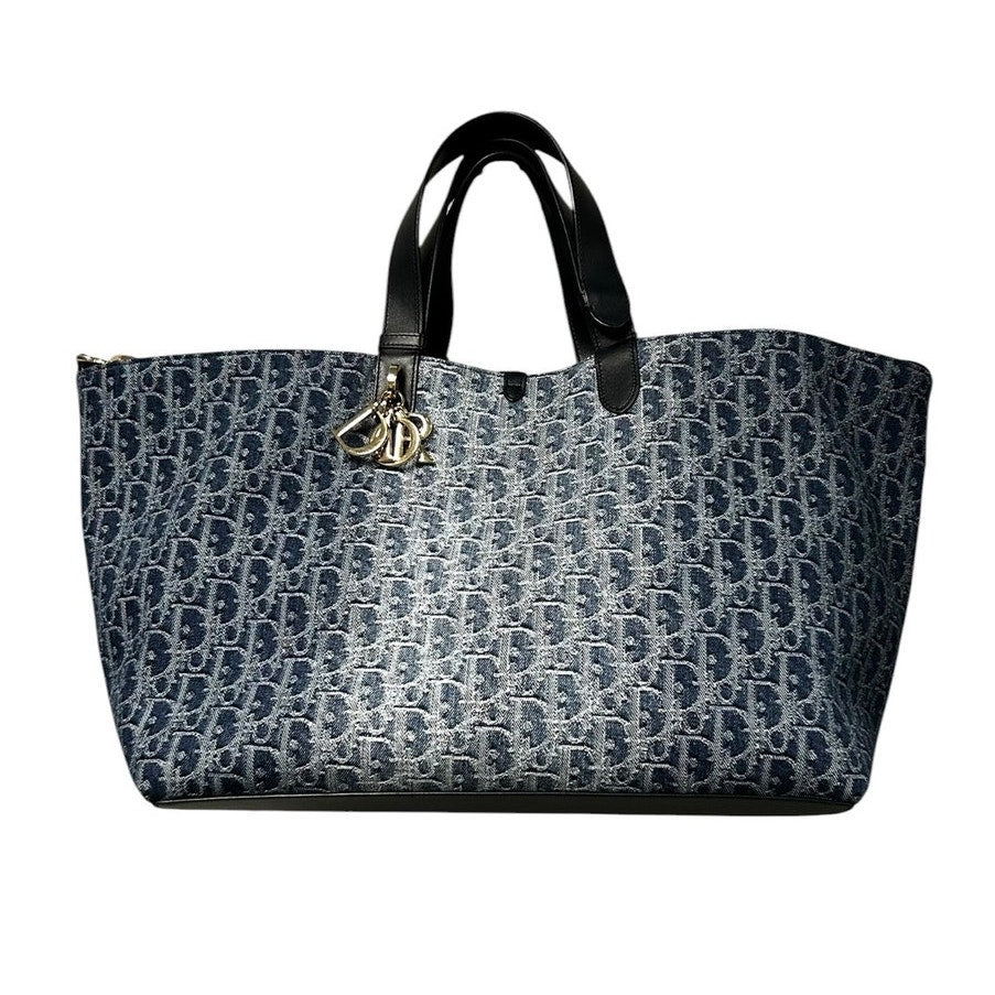 Christian Dior Toujours Blue Denim Oblique Jacquard Double Handle Tote Bag