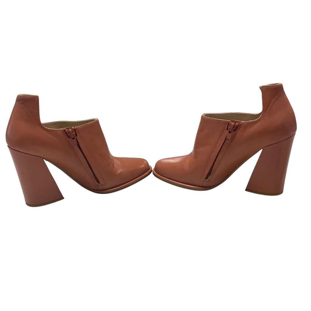 See By Chloe Brown Leather Side Zip Flared Block Heel Ankle Bootie Size 37 US 7