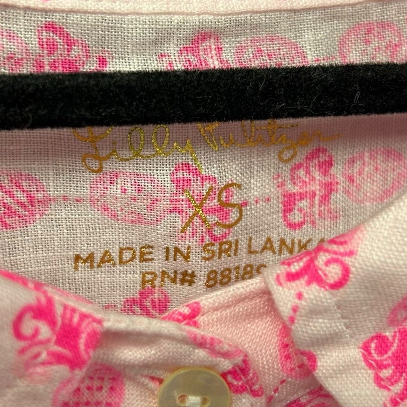Lilly Pulitzer White Pink Pineapple Sea View Linen Button Down Top Womens XS