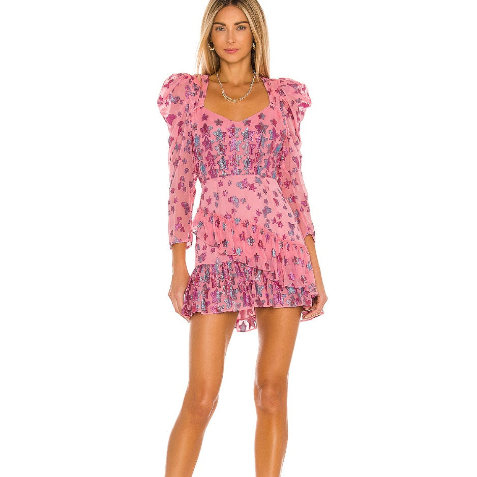 LoveShackFancy Millennial Pink Blue Metallic Star Print Caden Mini Dress Size 0
