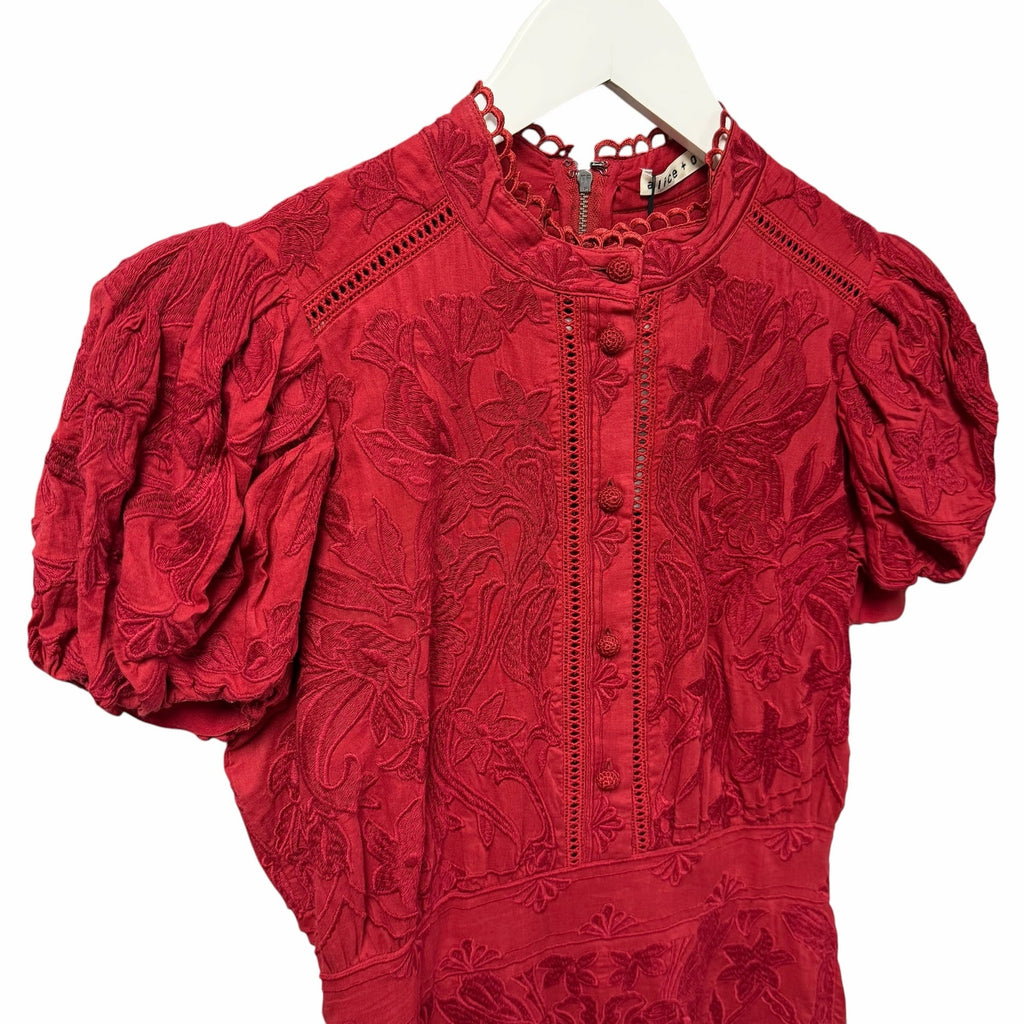 NWT Alice + Olivia Loryn Embroidered Short Sleeve Mini Dress Dark Cherry Size 4
