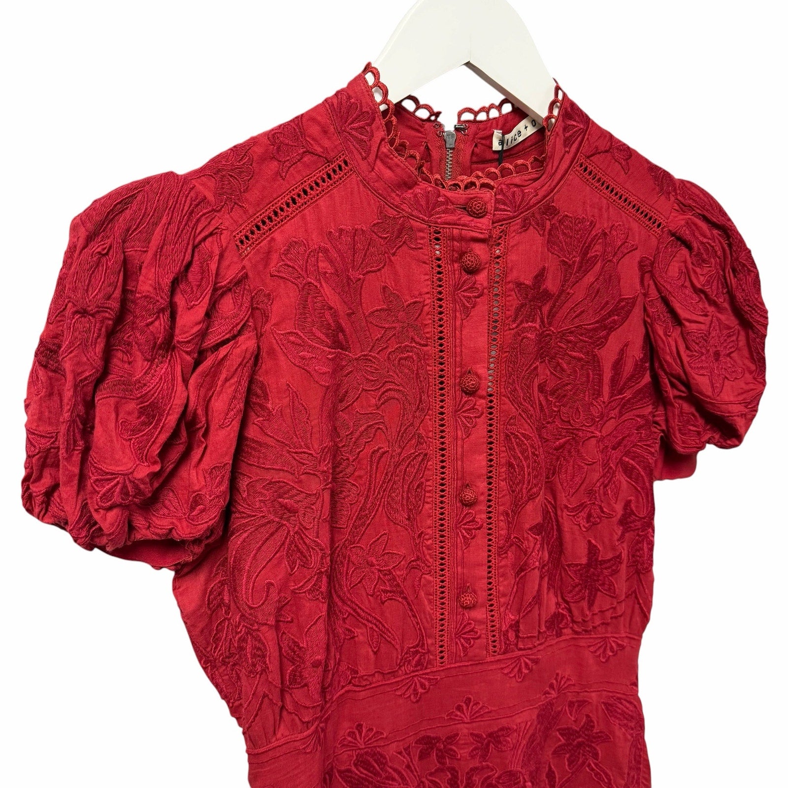 NWT Alice + Olivia Loryn Embroidered Short Sleeve Mini Dress Dark Cherry Size 4
