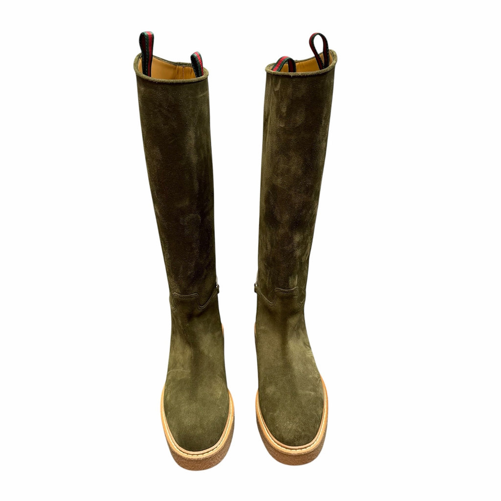 Gucci Slim Horsebit Accent Tall Boots Green Suede Womens Size 39 / US 9 Luxury
