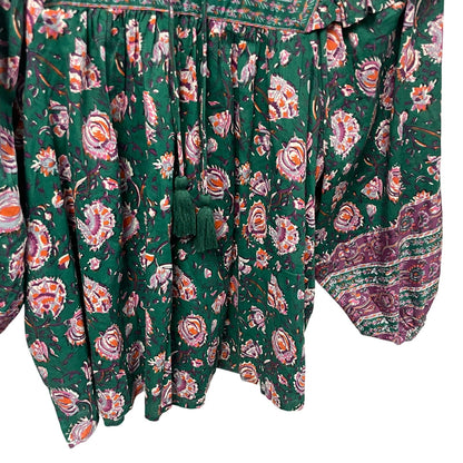 Cleobella Puff Sleeve Tie Neck Mylah Blouse In Jade Floral Green Purple Large