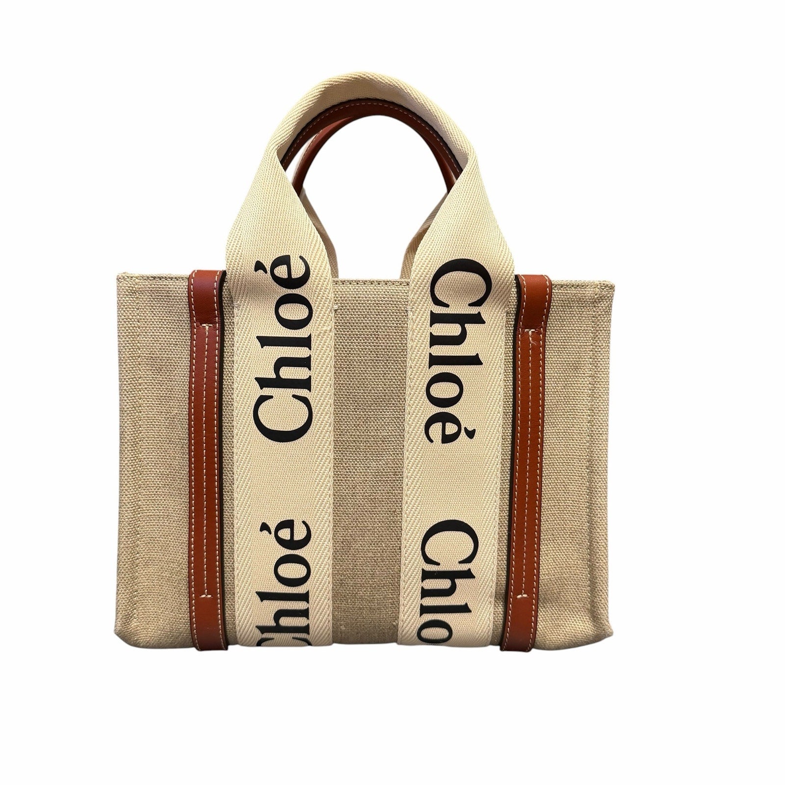 NWT Chloe Woody Small Logo Tote Canvas Linen Leather Shouler Strap White Brown