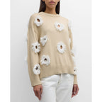 Lafayette 148 Plaster Tan White Fringe Trim Cutout Sweater Womens Medium