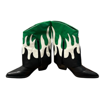Gianni Bini Black White Green Conley Flame Leather Western Boots Womens 5.5
