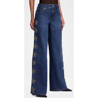 NWT Alice + Olivia Amazing Low Rise Baggy Jean Dark Rinse Star Embellished 24