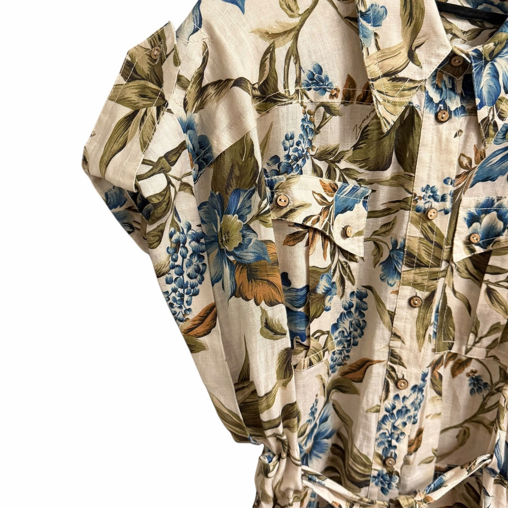Zimmermann Aliane Roll Cuff Playsuit Khaki Floral Pure Linen Size AU 3 / US 10