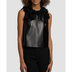 NWT Ulla Johnson Black Marlowe Floral Appliqué Sleeveless Leather Top Womens 2