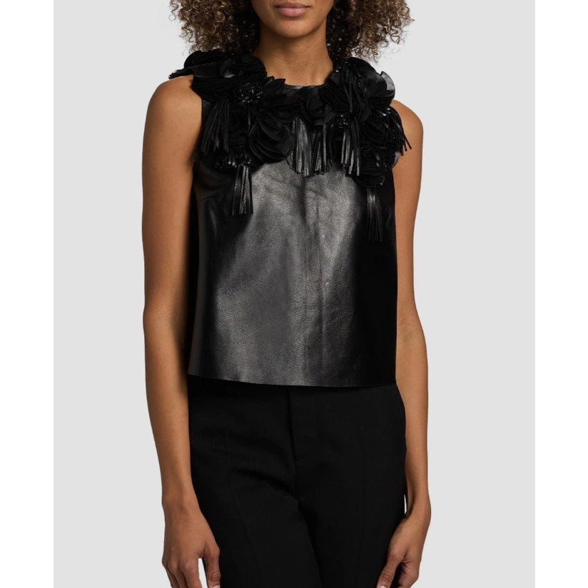 NWT Ulla Johnson Black Marlowe Floral Appliqué Sleeveless Leather Top Womens 2