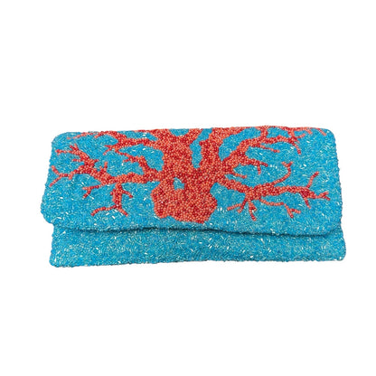 Moyna Turquoise Blue Orange Red Coral Reef Beaded Fold Over Clutch Bag