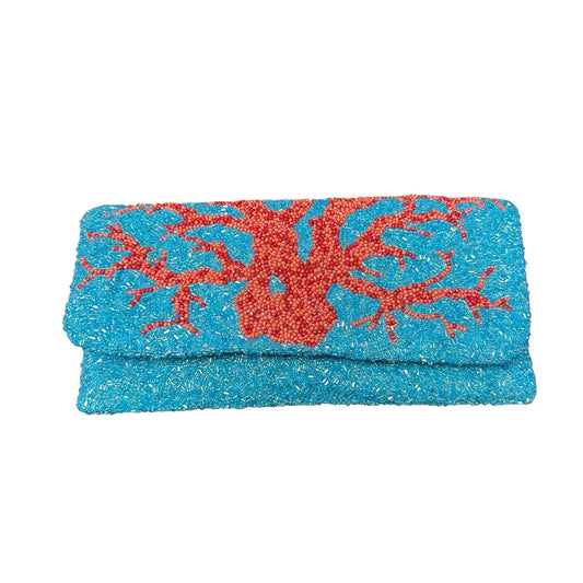 Moyna Turquoise Blue Orange Red Coral Reef Beaded Fold Over Clutch Bag