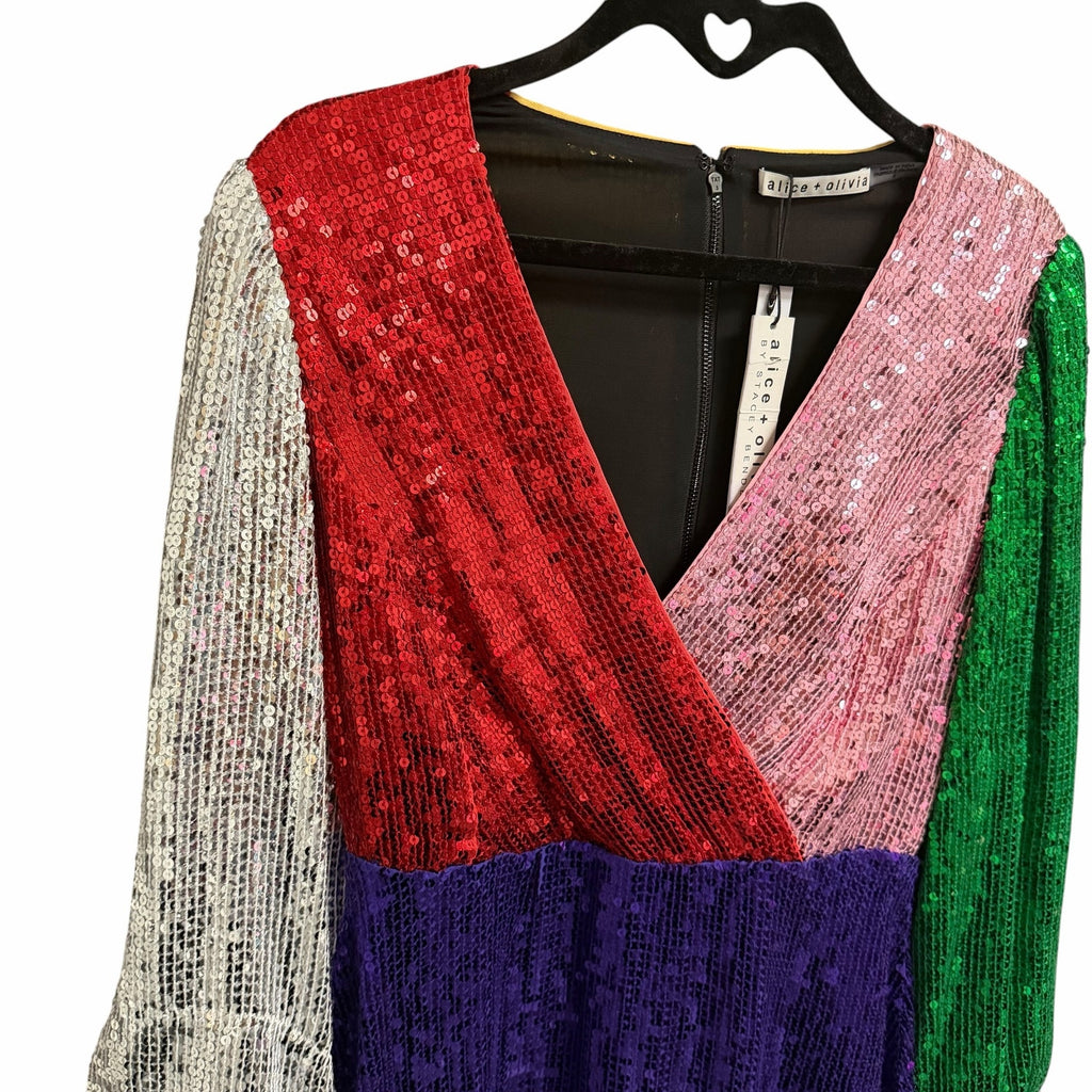 NWT Alice + Olivia Blaze Mini Dress Sequin Colorblock Multi Long Sleeve Size 0