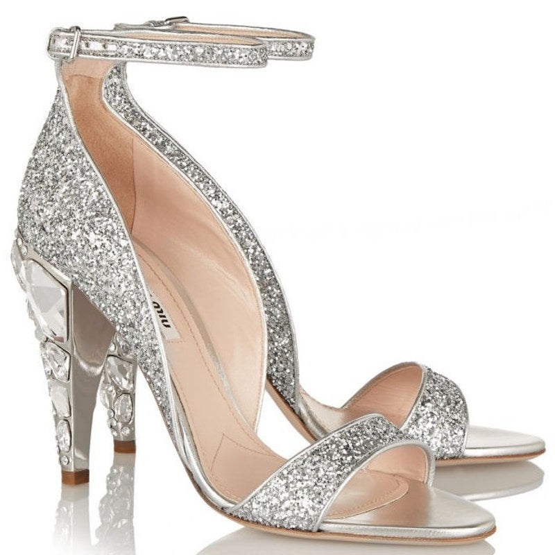 Miu Miu Swarovski Crystal Embellished Glitter Leather Sandals Size 39.5 / US 9.5