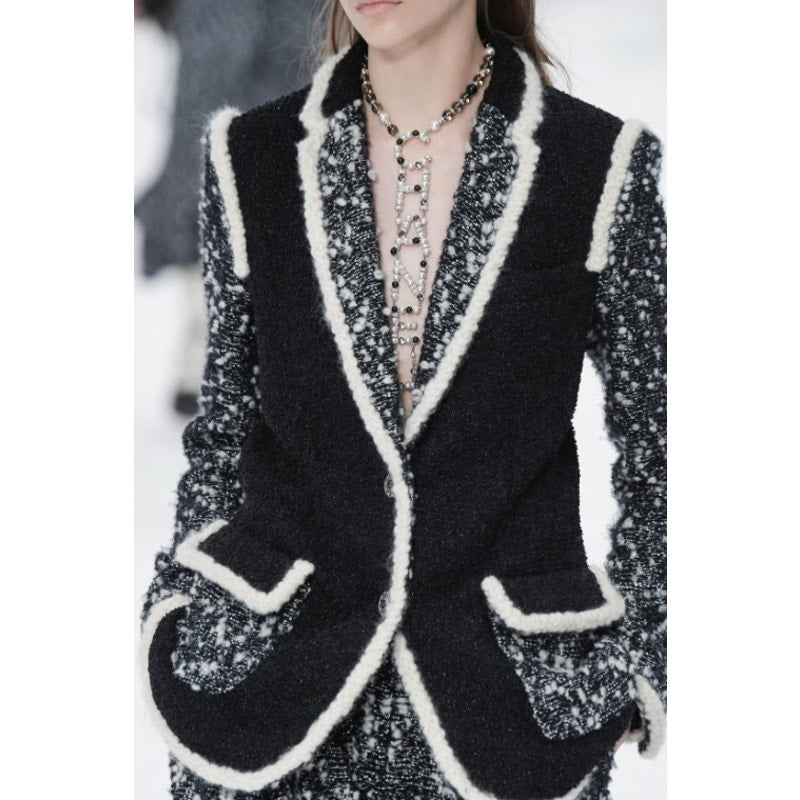 Chanel Black White Cream Trim Tweed Logo Button Front Jacket Womens 36 / US 4