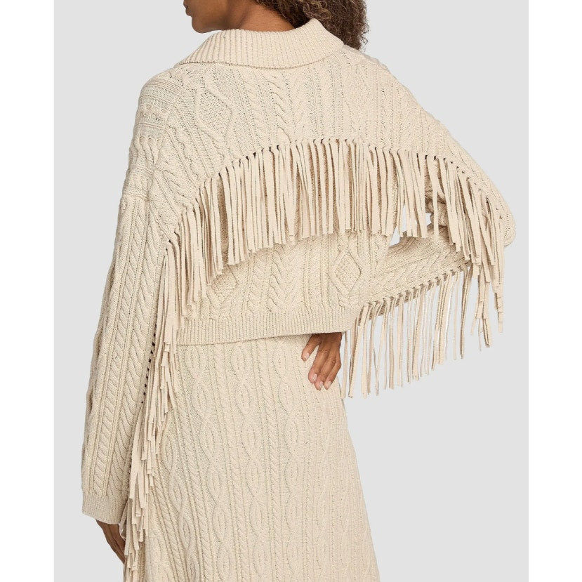 NWT Simkhai Sand Tan Virginia Fringe Trim Chunky Knit Cardigan Womens Medium