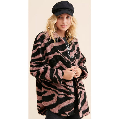 Pistola Lynn Oversized Shearling Jacket Clay Black Zebra Stripe Print Womens XS