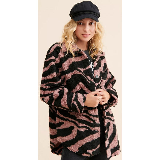 Pistola Lynn Oversized Shearling Jacket Clay Black Zebra Stripe Print Womens XS