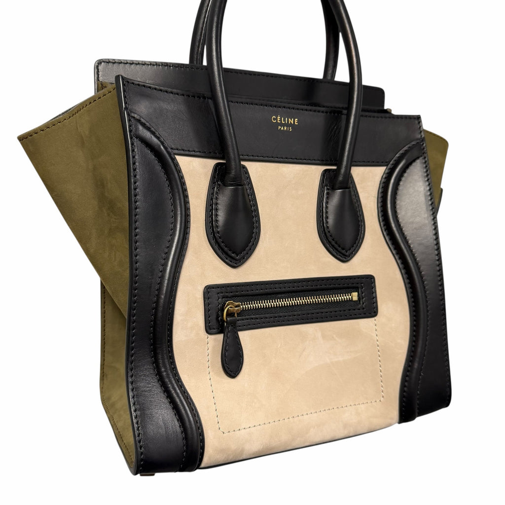 Celine Tricolor Luggage Handbag Color Block Neutrals Leather Green Black Beige