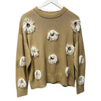 Lafayette 148 Plaster Tan White Fringe Trim Cutout Sweater Womens Medium