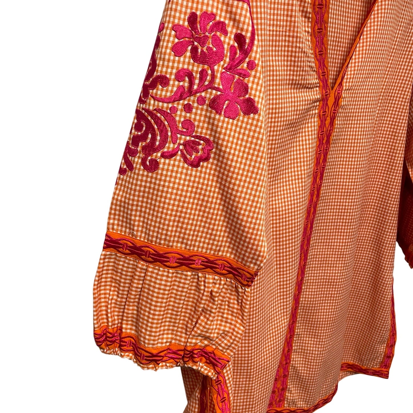 Gretchen Scott Orange White Gingham Pink Floral Embroidered Tunic Goddess / XXL
