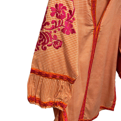 Gretchen Scott Orange White Gingham Pink Floral Embroidered Tunic Goddess / XXL