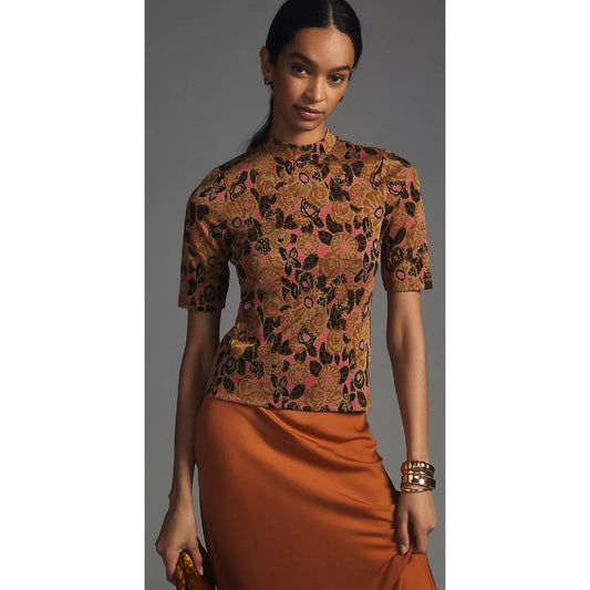 Anthropologie Maeve Mock Neck Jacquard Floral Knit Tan Pink Top Womens Small
