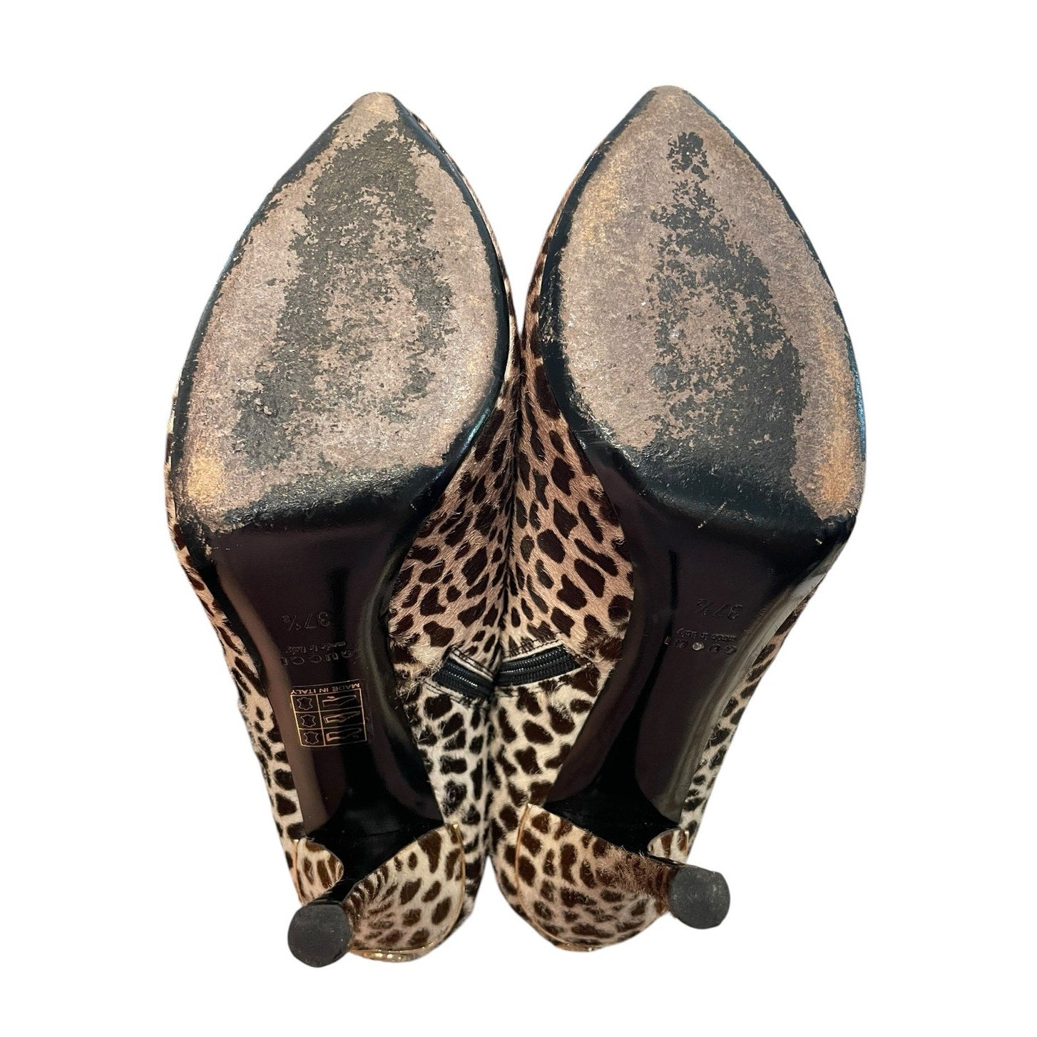 Gucci Paloma Leopard Print Pony Hair Heeled Bootie GG Logo Size 37.5 / US 7.5