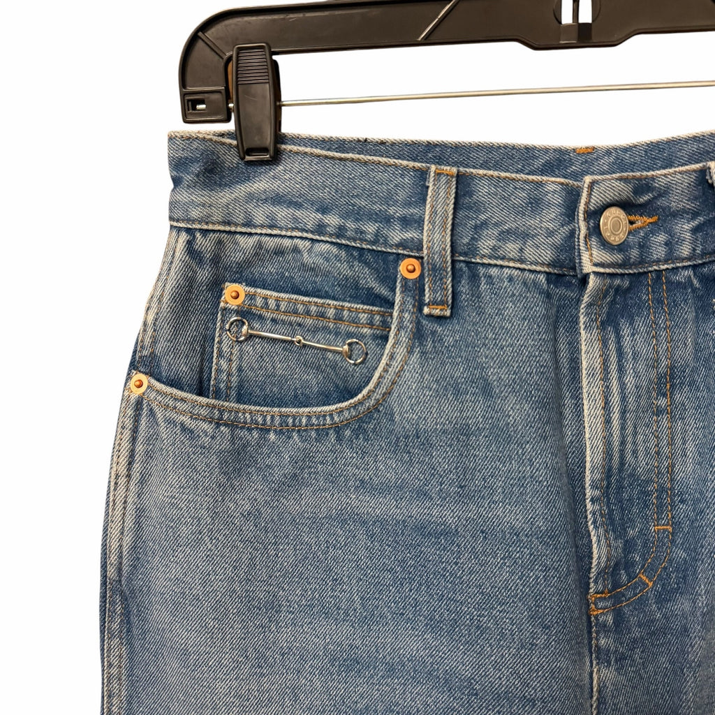 Gucci Horsebit High Rise Wide Leg Frayed Hem Jeans Light Wash Size 27 / US 6