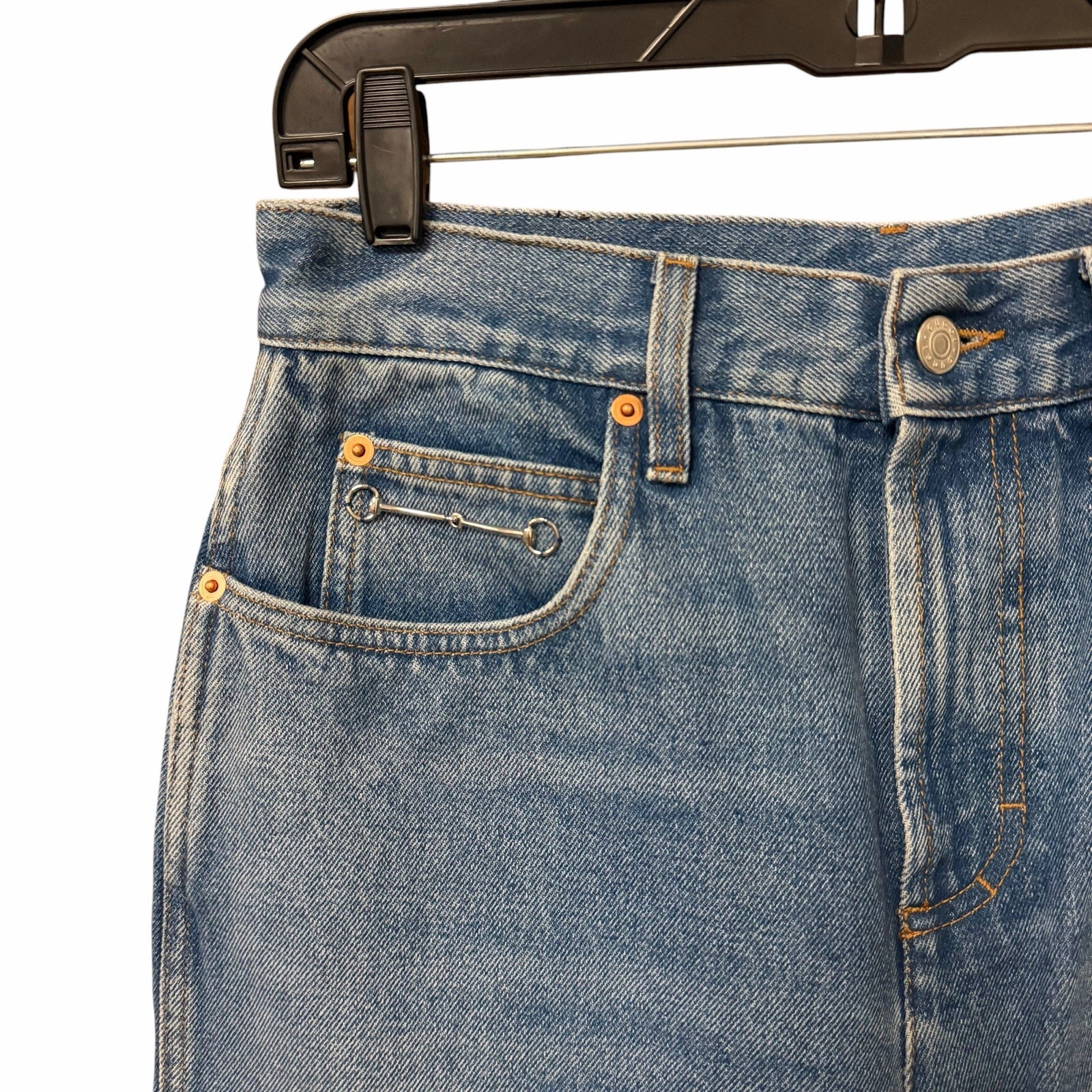 Gucci Horsebit High Rise Wide Leg Frayed Hem Jeans Light Wash Size 27 / US 6