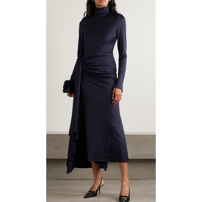NWT Victoria Beckham Navy Gathered Draped Turtleneck Midi Dress Womens US 0