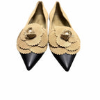 Chanel Beige Black Suede Leather Pointed Toe Flower Applique Flat Size 39 / US 8