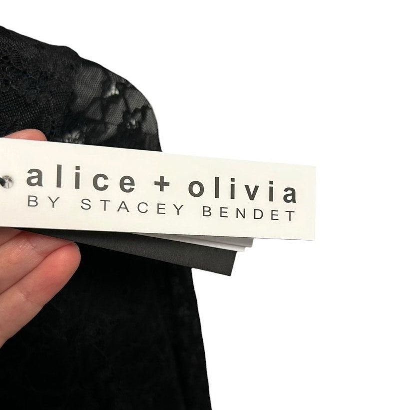 NWT Alice + Olivia Black Chara Lace Vegan Leather Pleated Mini Dress Womens 2