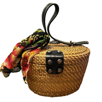 Patricia Nash Caselle Woven Wicker Leather Trim Top Handle Basket Bag with Scarf