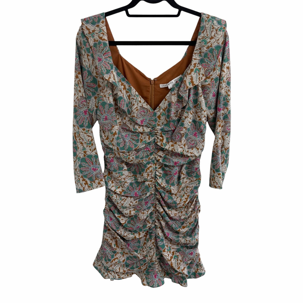 Veronica Beard Lozano Ruched Printed Silk Blend Crepe Mini Dress Womens 12