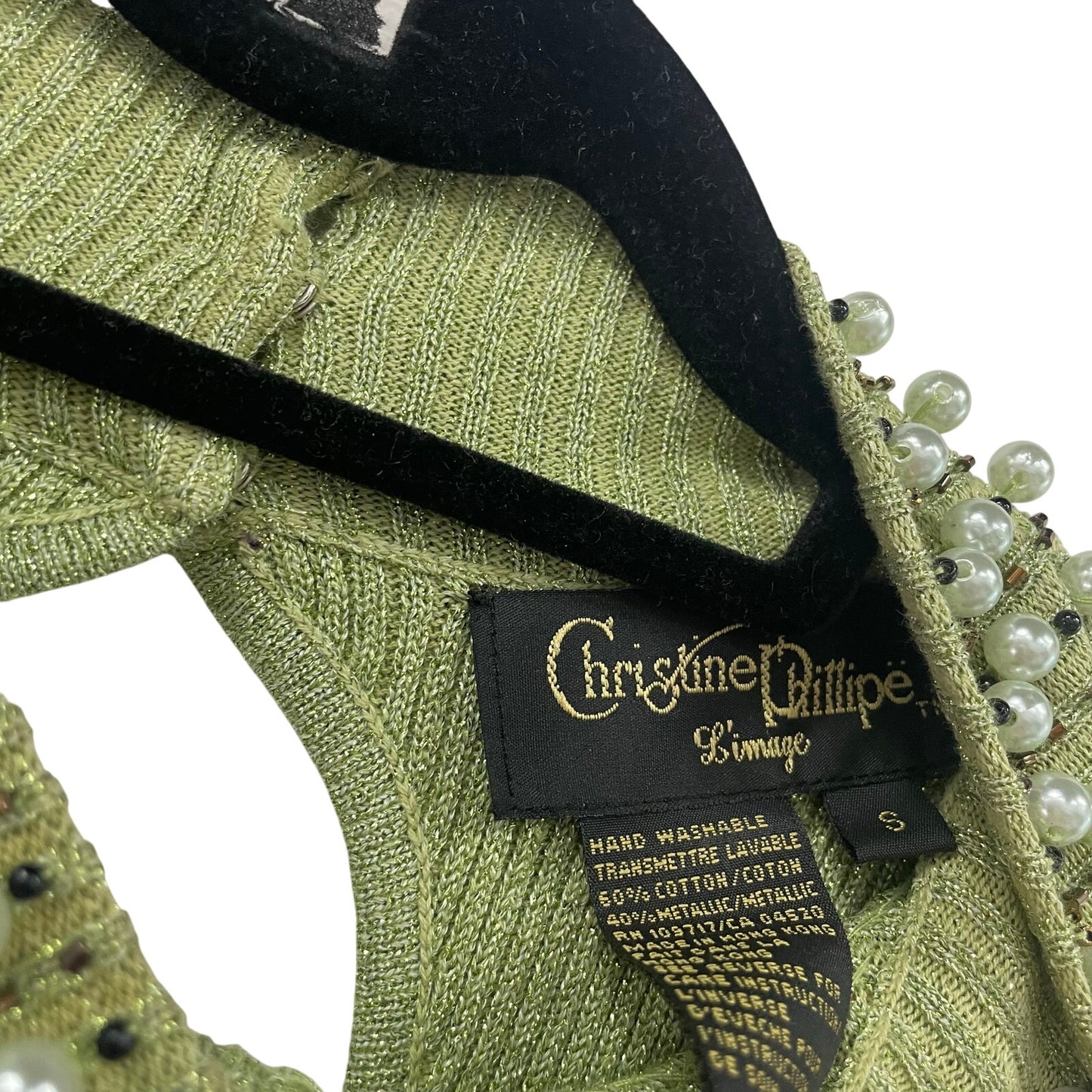Vintage Christine Phillipe Metallic Knit Beaded Mock Neck Tank Top Green Small