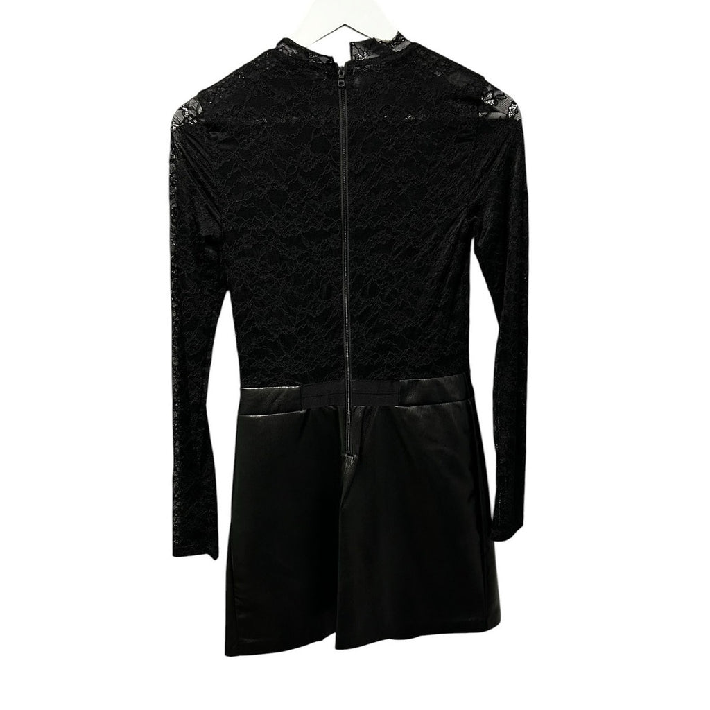 NWT Alice + Olivia Black Chara Lace Vegan Leather Pleated Mini Dress Womens 2