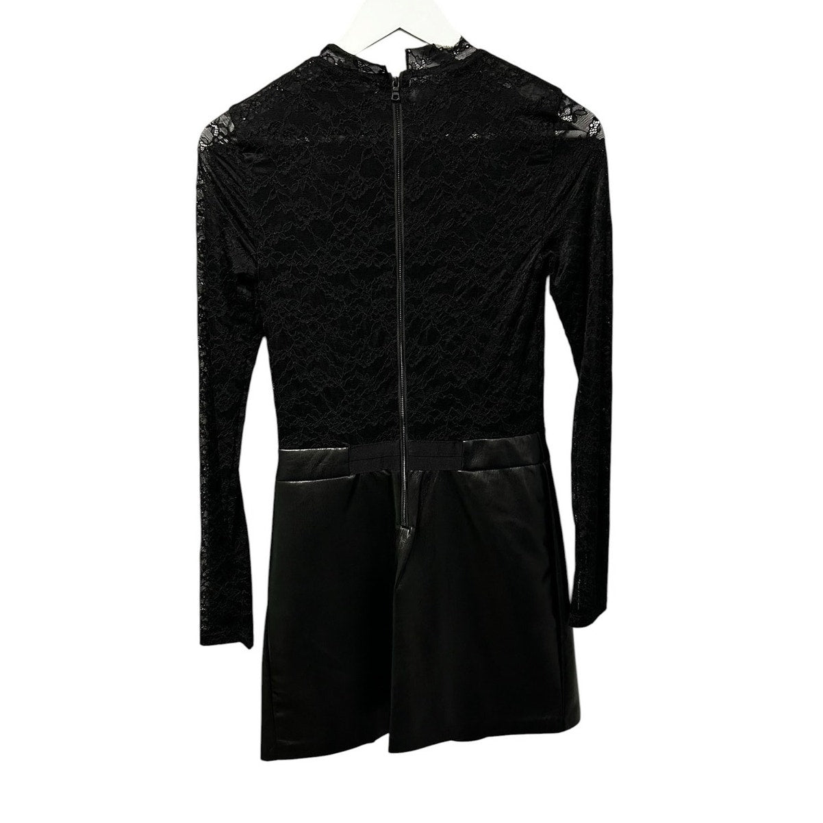 NWT Alice + Olivia Black Chara Lace Vegan Leather Pleated Mini Dress Womens 2