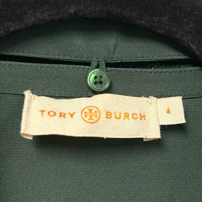 Tory Burch Green 100% Silk Long Sleeve Fringe Tie Button Up Shirt Womens Size 4