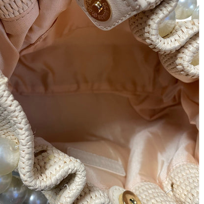 Melie Bianco Josie Natural Small Straw Pearl Embellished Top Handle Bag