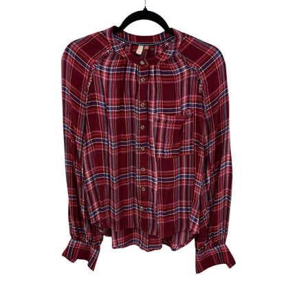 Pilcro Pink Red Blue Combo Plaid Ruffle Trim Button Down Shirt Womens Medium