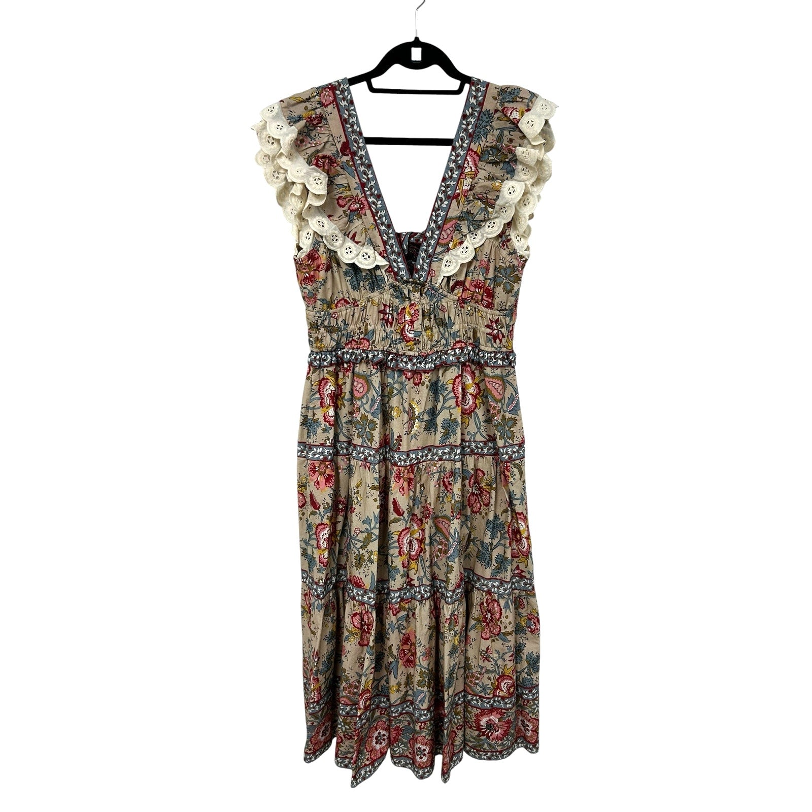 Sea New York Tess Vintage Floral Print Ruffled Cotton Midi Dress Womens 14
